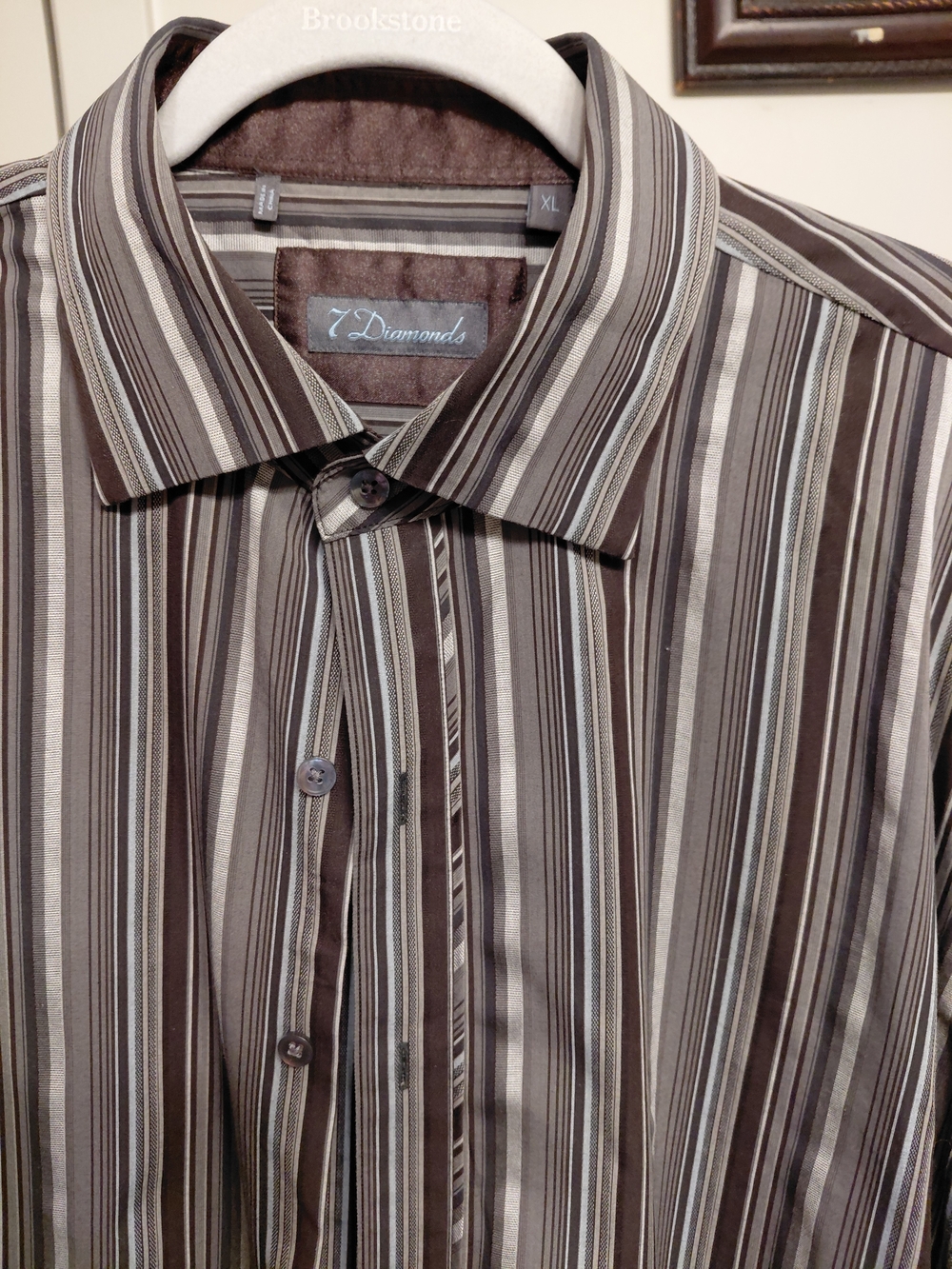 7 Diamonds Brown and Gray Vertical Stripe Dress Shirt
